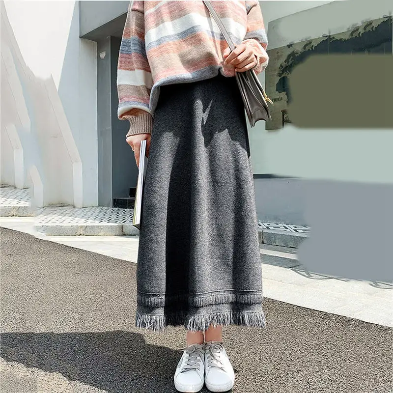 gray skirt RealShe, длинные юбки, Женская юбка макси, высокая талия, одноцветная, с кисточками, Женская юбка, длинная, весенняя, повседневная, уличная, свободная, Jupe Femme - Цвет: gray skirt