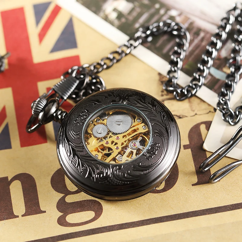 Top Luxury Steampunk Black Mechanical Pocket Watch With FOB Chain Hand Wind Skeleton Hollow Clock For Men Women Gift Box