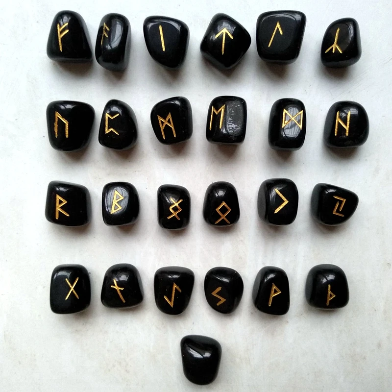 Rockcloud Black Obsidian Rune Stones Tumbled Engraved Lettering Crystal Set  for Wicca Crystals Healing Chakra Reiki