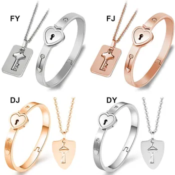 

Lovers Stainless Steel Love Heart Lock Bracelets Bangles Key Pendant Necklace Couples Set