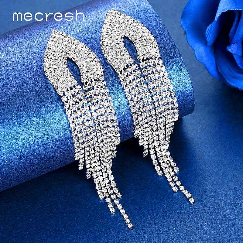 

Mecresh Statement Rhinestone Long Tassel Drop Earrings Silver Color Bridal Wedding Irregular Fringe Earrings for Women MEH1637