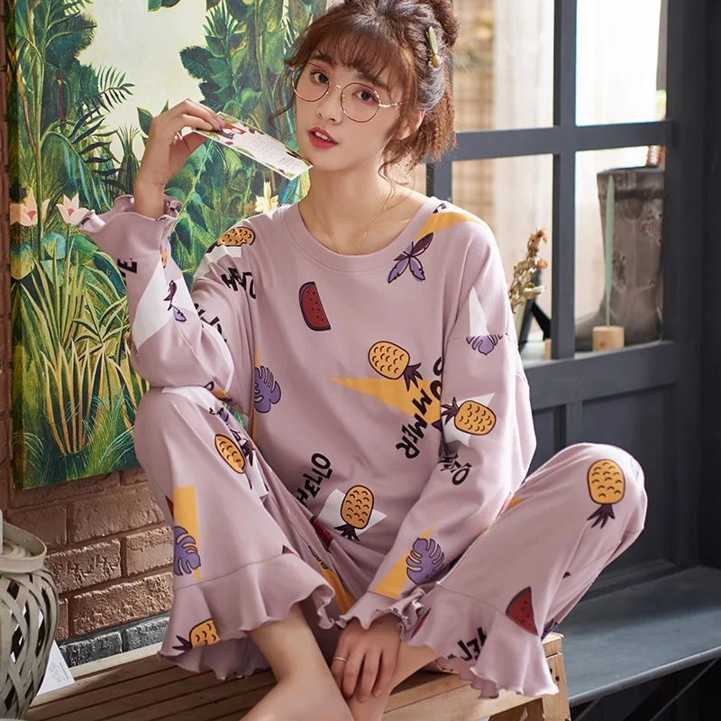 Осенняя Женская одежда для сна, Хлопковая женская пижама с принтом, пижама с длинным рукавом для женщин, мягкая женская одежда, M-4XL
