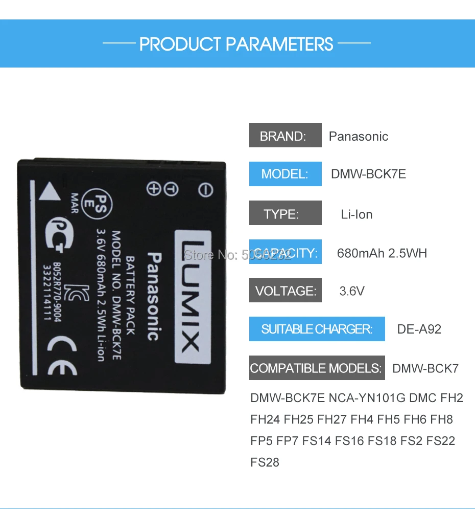 1 шт. Panasonic 3,6 v 680 мА/ч, DMW-BCK7E DMW-BCK7 BCK7E BCK7 NCA-YN101G Камера Батарея Lumix DMC-FH2 DMC-FH4+ 1 шт. DE-A92 зарядное устройство