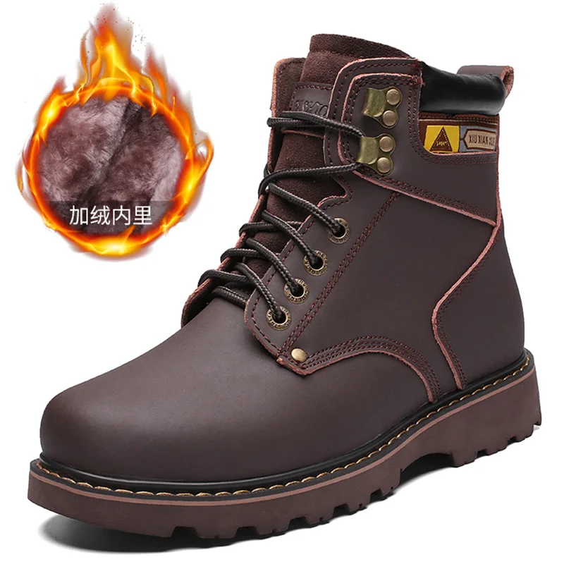 Г. Модные зимние мужские ботинки на меху желтого и коричневого цвета рабочая обувь на меху со шнуровкой мужские рабочие ботинки с высоким берцем 38-46 - Цвет: Brown-Fur