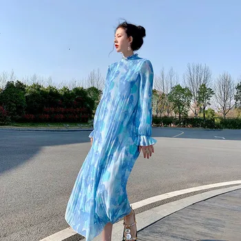 

2020 New Women Long Sleeve Long Dress Spring Summer Turtleneck Collar Ruffle Print Ladies Holiday Pleated Maxi Dresses