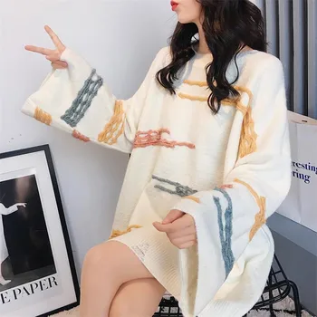 

Autumn women's sweater 2019 new striped solid color long-sleeved trumpet sleeves loose outer wear pullover sweater