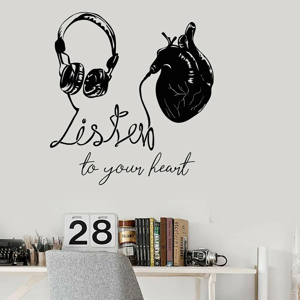 

Music Quote Wall Decal Listen to Your Heart Quote Music Headphones Wall Stickers Vinyl Art Decals Home Bedroom Decoration C646
