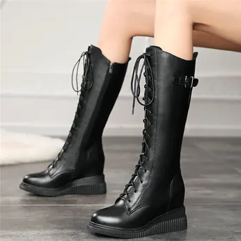

Platform Wedges Trainers Women Lace Up Genuine Leather High Heel Mid Calf Motorcycle Boots Female Round Toe Fashion Sneakers