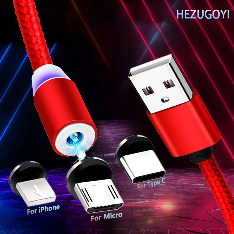 

2M Magnetic Cable Micro USB Type C Cable For iPhone Samsung Huawei LED Lightning Charging 3 in 1 Magnetic Charge Cable Wire Cord