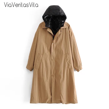 

Women's Winter trench coat Windbreakers Two Piece Jacket 2020 Khaki za Vintage Long Sleeve Warm Coats BF Female Long Thick Coat