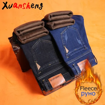 

Xuansheng fleece men's jeans 2019 winter classic brand straight stretch youth slim casual cat claws thick warm streetwear jeans