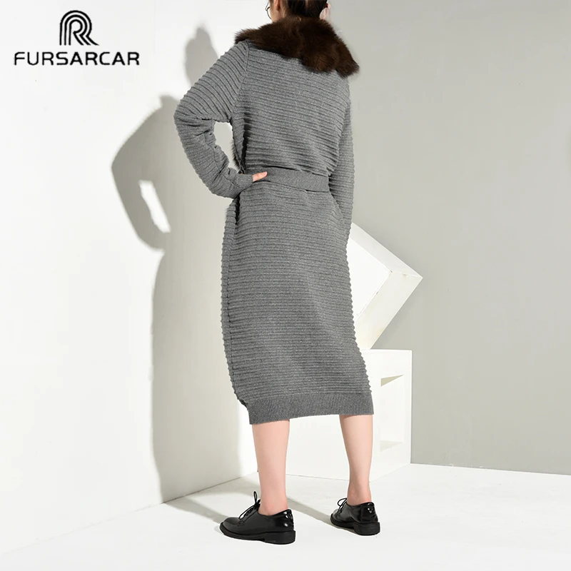FURSARCAR, модный серый женский шерстяной свитер, пальто из натурального меха с лисьим воротником, шерстяное вязаное пальто из натурального Лисьего меха, зимняя длинная верхняя одежда