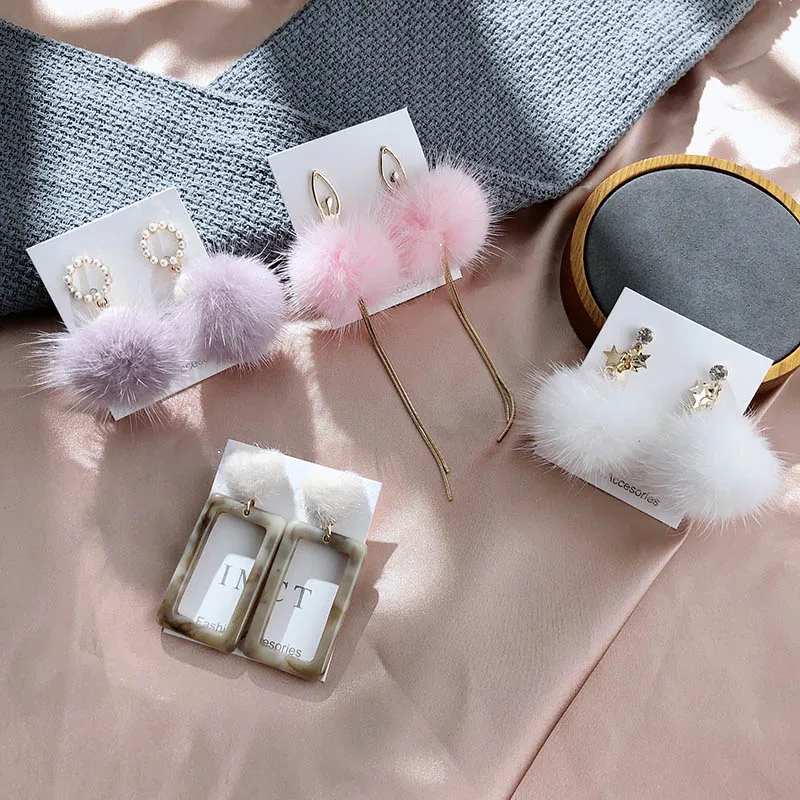 Winter Plush Ball Cute Women's Earrings Long Tassel Pearl Super Fairy Geometric Sweet Dangle Statement Jewelry | Украшения и