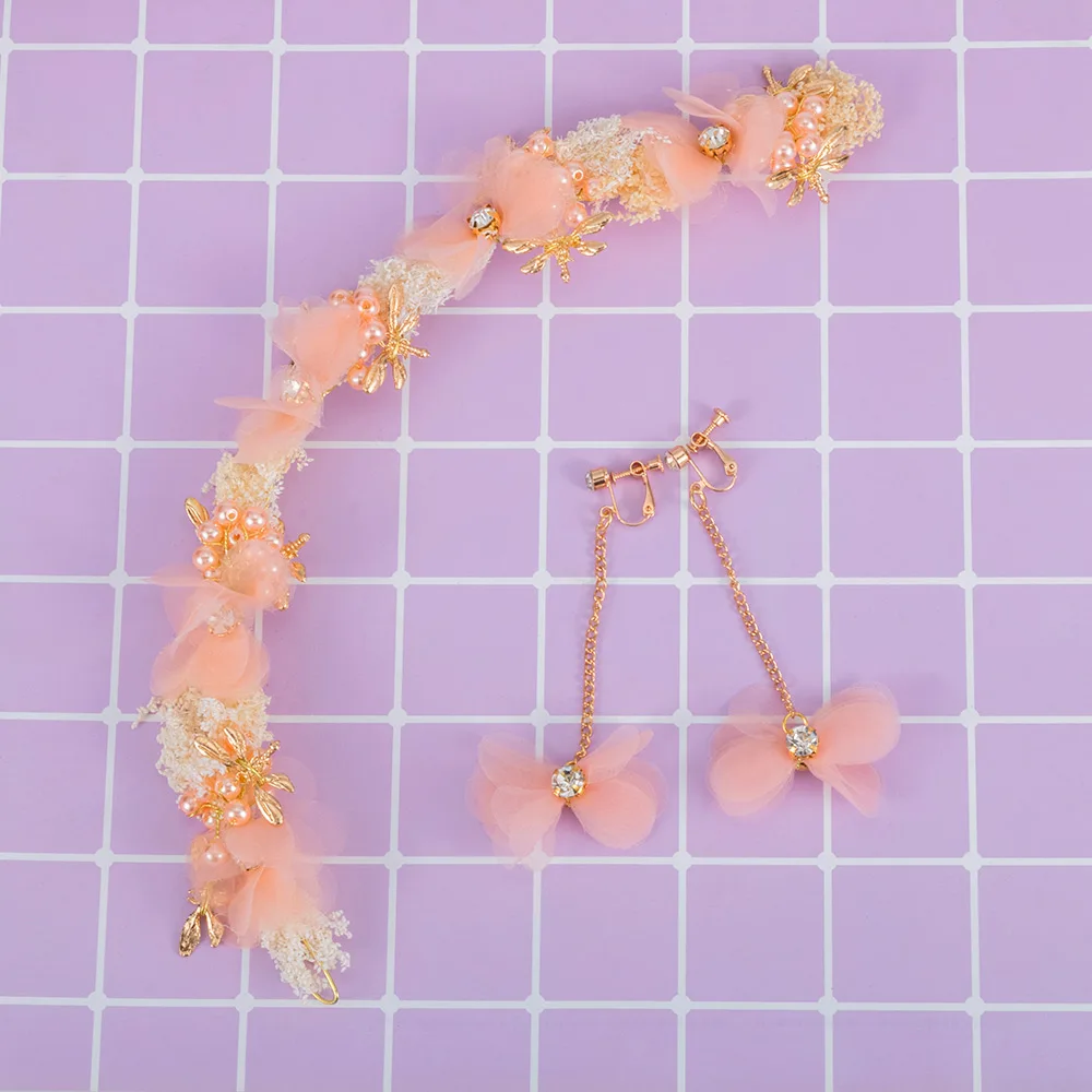 Pink 1 Set Bridal Dragonfly Lace Flower Headband Earrings Romantic Crystal Simulated Pearl Tiara Crown Headwear Jewelry Headdress - Color: Pink