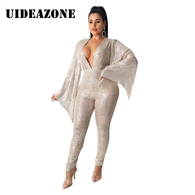 Sexy Sequin Jumpsuit Diamond Sleeve Deep V-neck Jumpsuit Romper Solid Playsuit Womens Jumpsuit Clubwear Overalls Plus Size 2XL