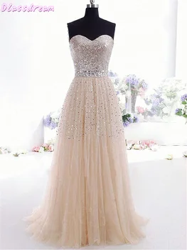 

Light Champagne Evening Dress Sequins Top Crystals Strapless Sweetheart Neck A-line Floor Length Prom Dress платья знаменитостей