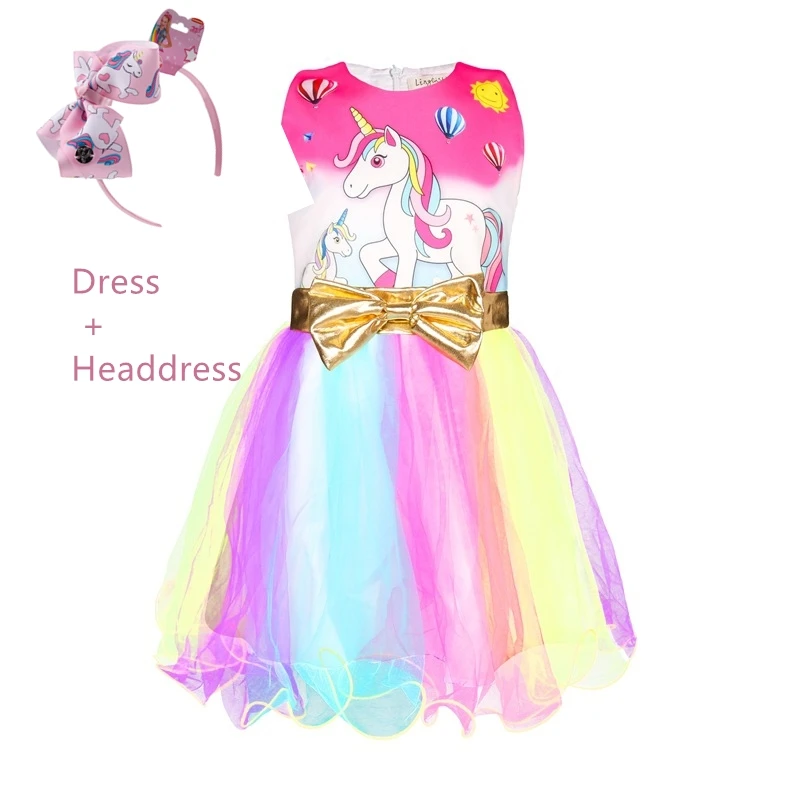 

Girl Vestidos Girl Unicorn Rainbow Dresses princess For Children Costume Cosplay Halloween golden bow mesh princess dress