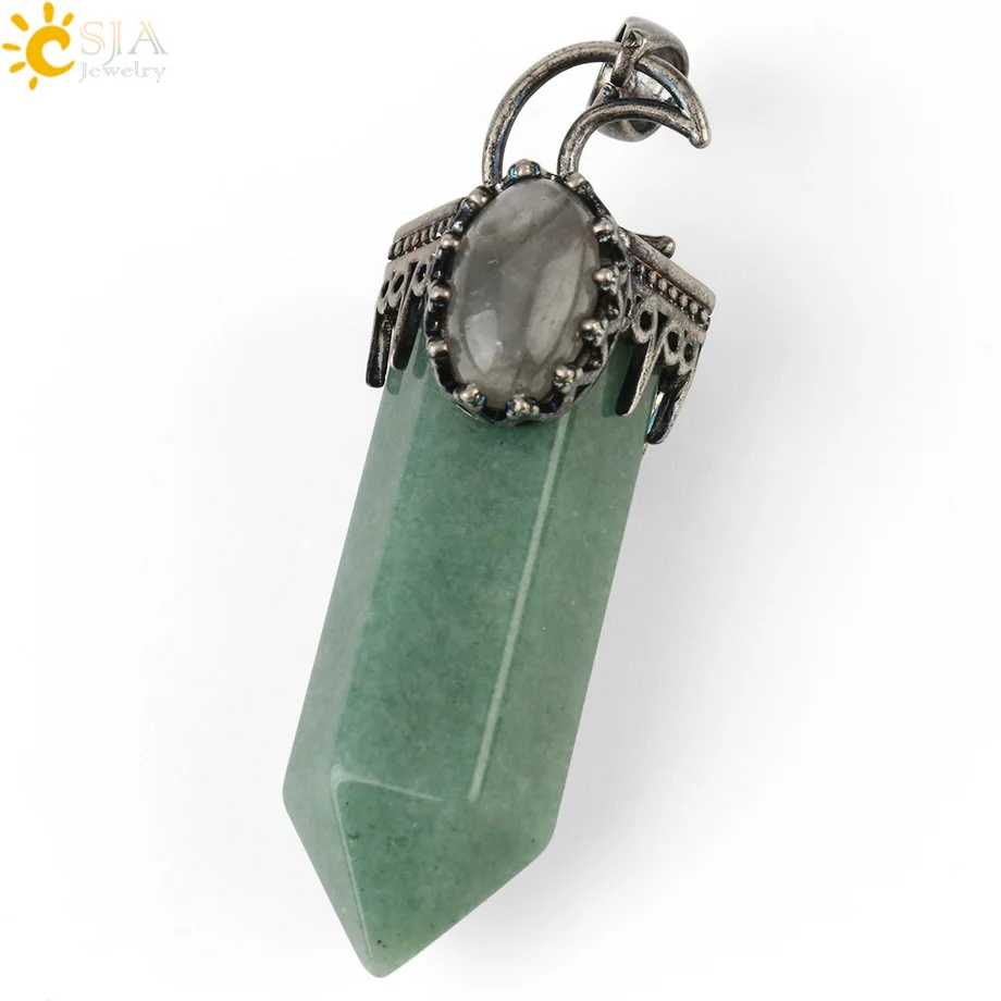 Green Aventurine CSJA Натуральный Камень Кристалл Подвески полудрагоценное ожерелье подвеска в форме половины Луны античный серебряный цвет шестигранная колонна подвеска G253 - Окраска металла: Green Aventurine