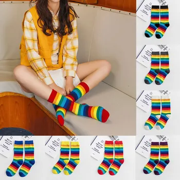 

Rainbow Striped Pile Of Socks Cotton Elasticity Sweat Women's Long Socks Candy Color Sporty Meias Casual Retro Harajuku Socks