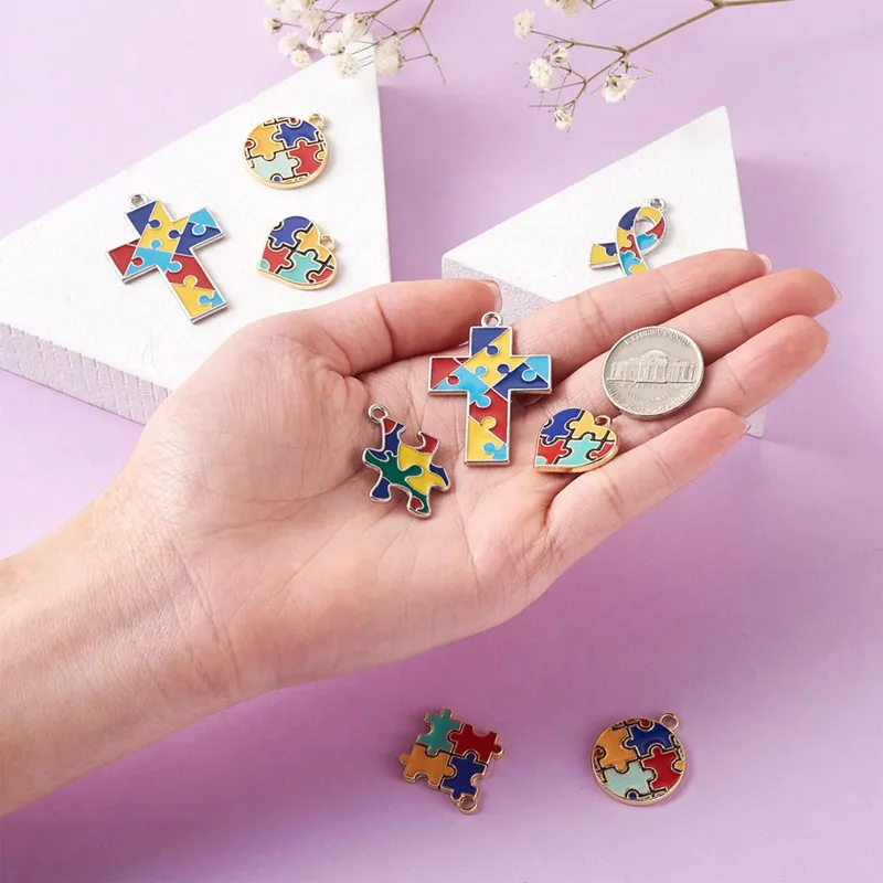 Pandahall 12pcs/box Alloy Enamel Pendants Charms Heart Cross with Puzzle for Jewelry Making DIY Bracelet Necklace Craft Finding