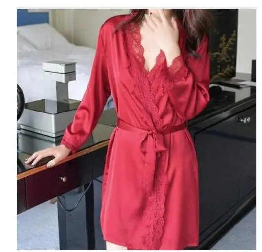 Women's Satin Silk Woman Lace Robe Female Lace Bathrobe Womens Robes Sleepwear Ladies Sexy Robe For Women