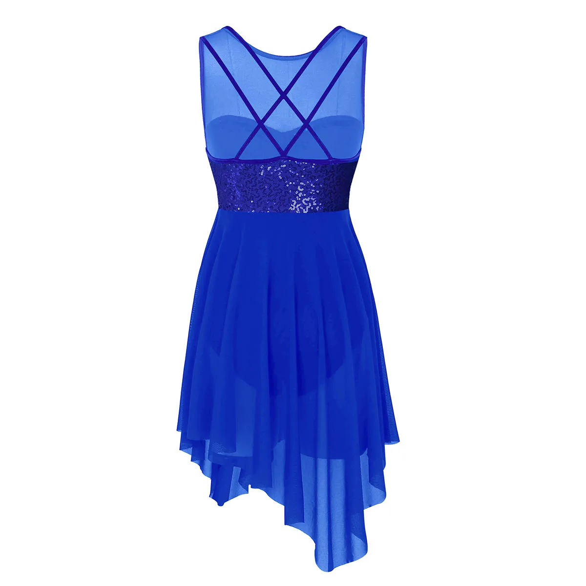 Women Shiny Sequins Asymmetrical Mesh Ballet Figure Skating Dress Adult Gymnastics Leotard Performance Lyrical Dance Costumes
