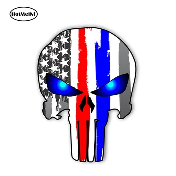 

HotMeiNi 13cm x 9.6cm Punisher Skull Thin Red Blue Line Realistic American Flag Decal Police Blue Line Car Stickers