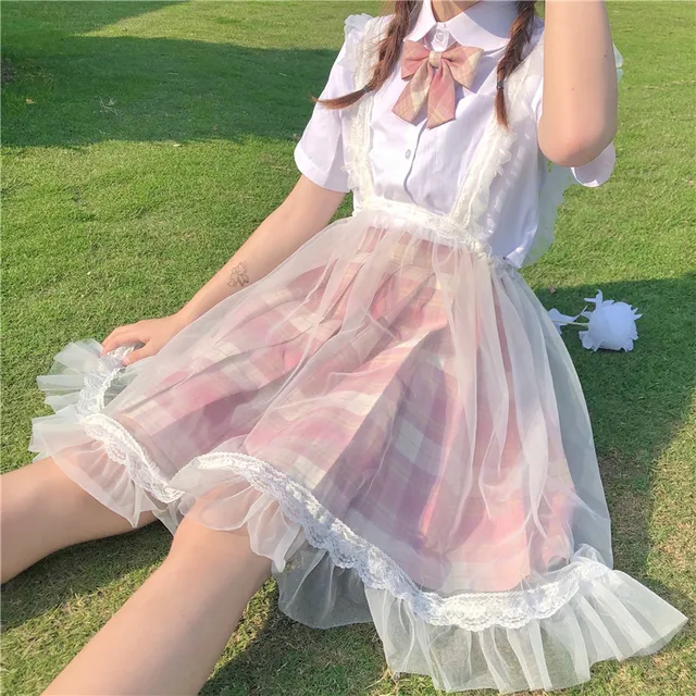 JMPRS Japan Lolita Women White Sundress Preppy Style Suspenders Lace Ruffles Sleeveless Dress Cute Kawaii All-Match Tulle Dress 4