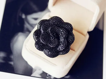 

Charm Female Big Black Rose Flower Ring 925 Sterling Silver Wedding Adjustable Ring Promise Large Engagement Rings For Women