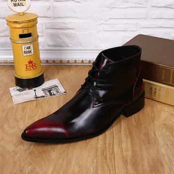 

Christia Bella Classic Red Chelsea Short Boots Cowboy Lace Up British Fashion Boots Pointed Top Genuine Leather Winter Boots