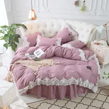

Round Bed 4 PCS 100% Cotton Embroidery Tassels Lace Edge Pillowcase & Duvet Cover Fitted Sheet and Bed Skirt Sets 200cm 220cm