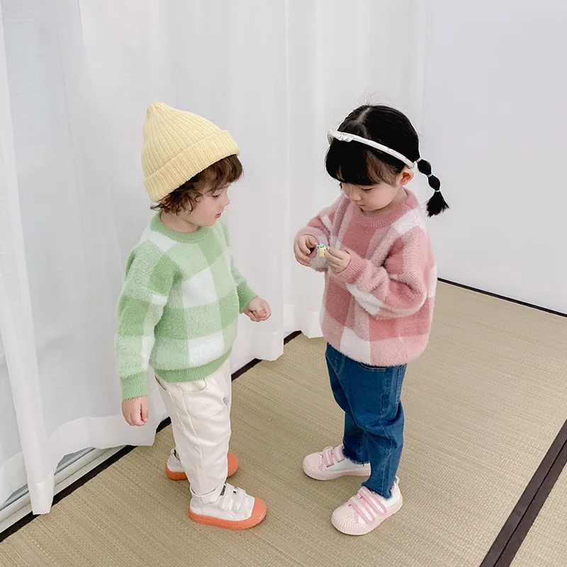 Chen/пуловер для мамы и мальчика, вязаный свитер в клетку из норки, осенняя и зимняя одежда, детская куртка в западном стиле