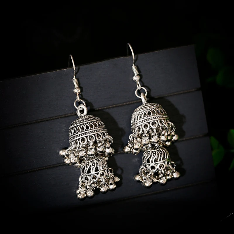 Jhumka Antique Double Birdcage Bell Tassel Indian Earrings For Women