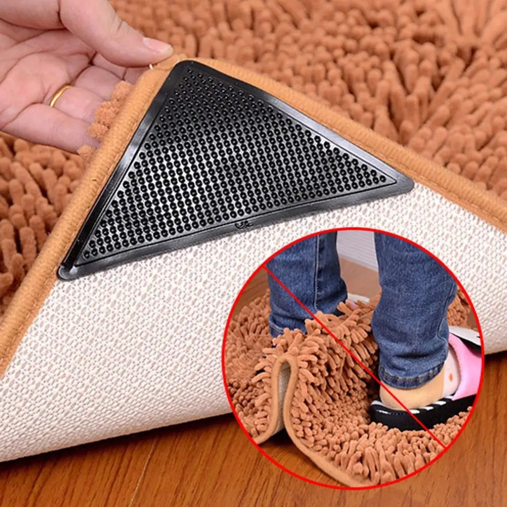 4Pcs/lot Triangle Reusable Anti-skid Rubber Mat Non Slip Patch Mat Washable Rug Gripper Stopper Tape Sticker Black Corners Pad