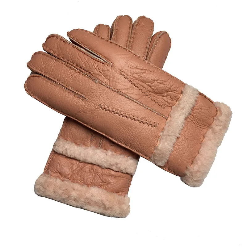 pink Женские перчатки из натуральной овчины, зимние толстые перчатки, женские теплые перчатки из натуральной кожи для улицы, ветрозащитные перчатки для девочек N02 - Цвет: pink