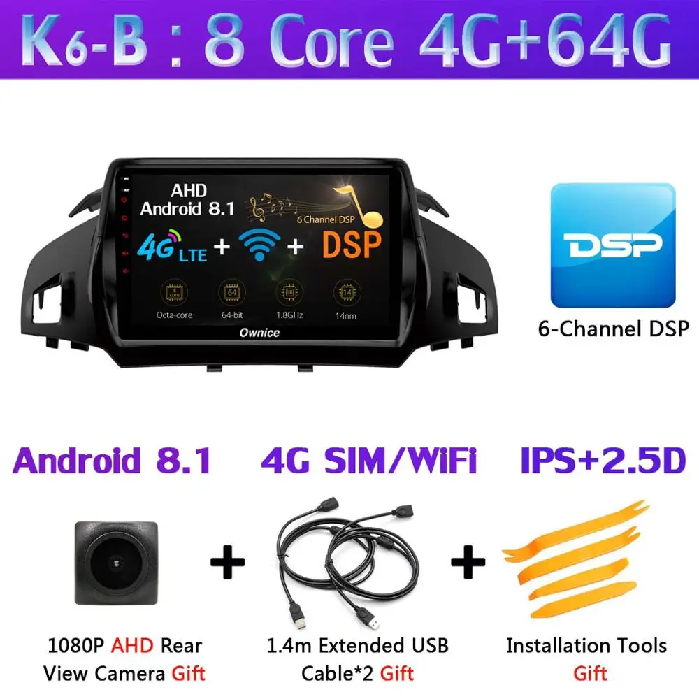 K6-B 360 ° панорамная 4 × камера 4G LTE Android 9,0 4G+ 64G SPDIF DSP CarPlay автомобильный мультимедийный плеер для Ford Kuga 2013- C-Max gps радио - Цвет: K6-B