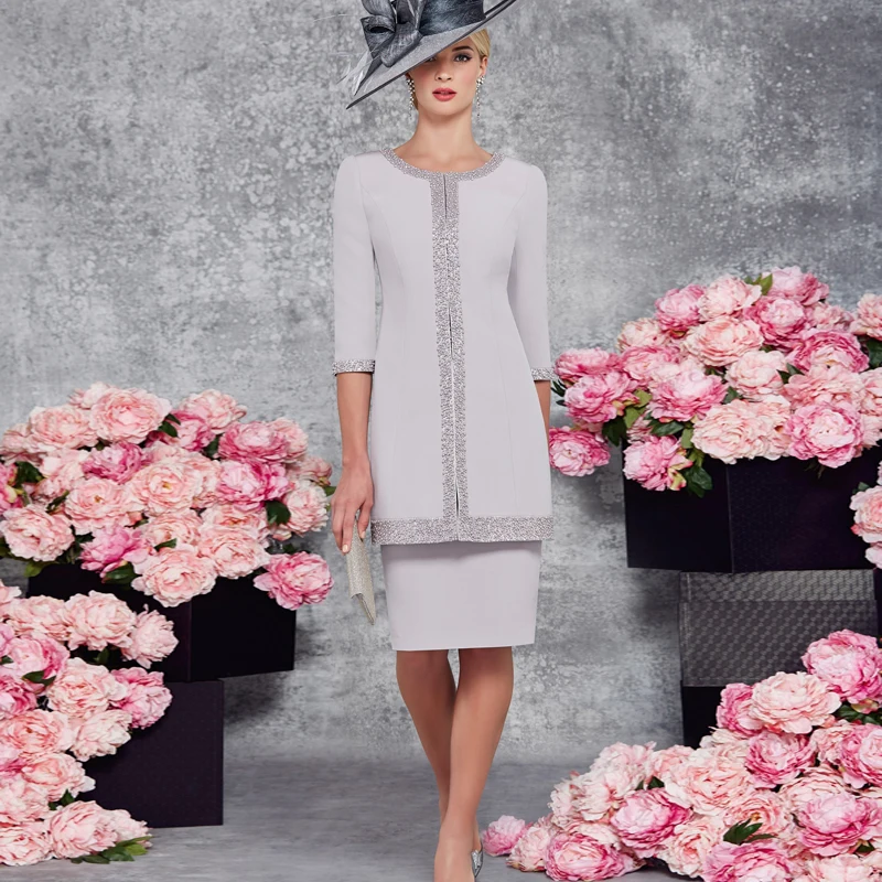 

Gown with Jacket 2016 Vestidos De Novia Satin Sheath Mother of the Bride Dress Classic Crystal Beading Knee Length