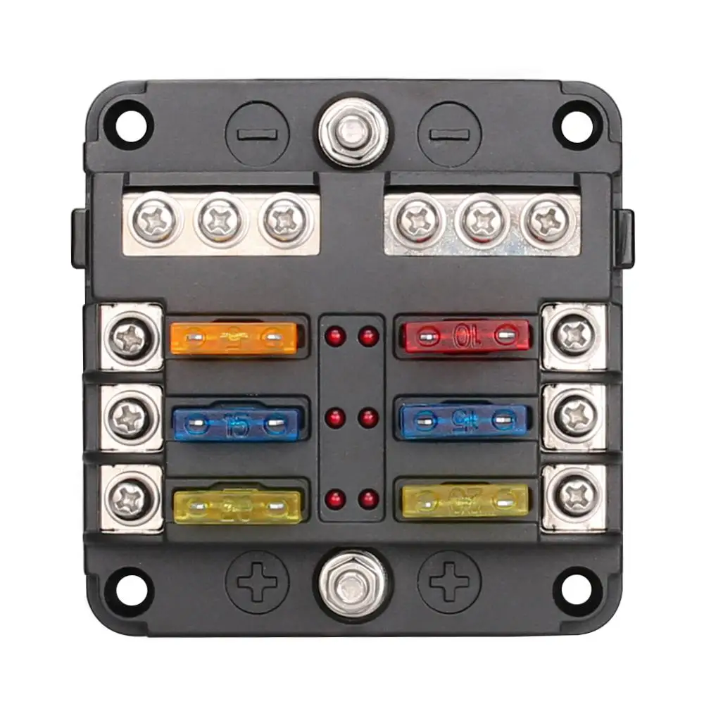 

12V 32V Plastic Cover Fuse Box Holder M5 Stud With LED Indicator Light 6 Ways Blade for Auto Car Boat Marine Trike