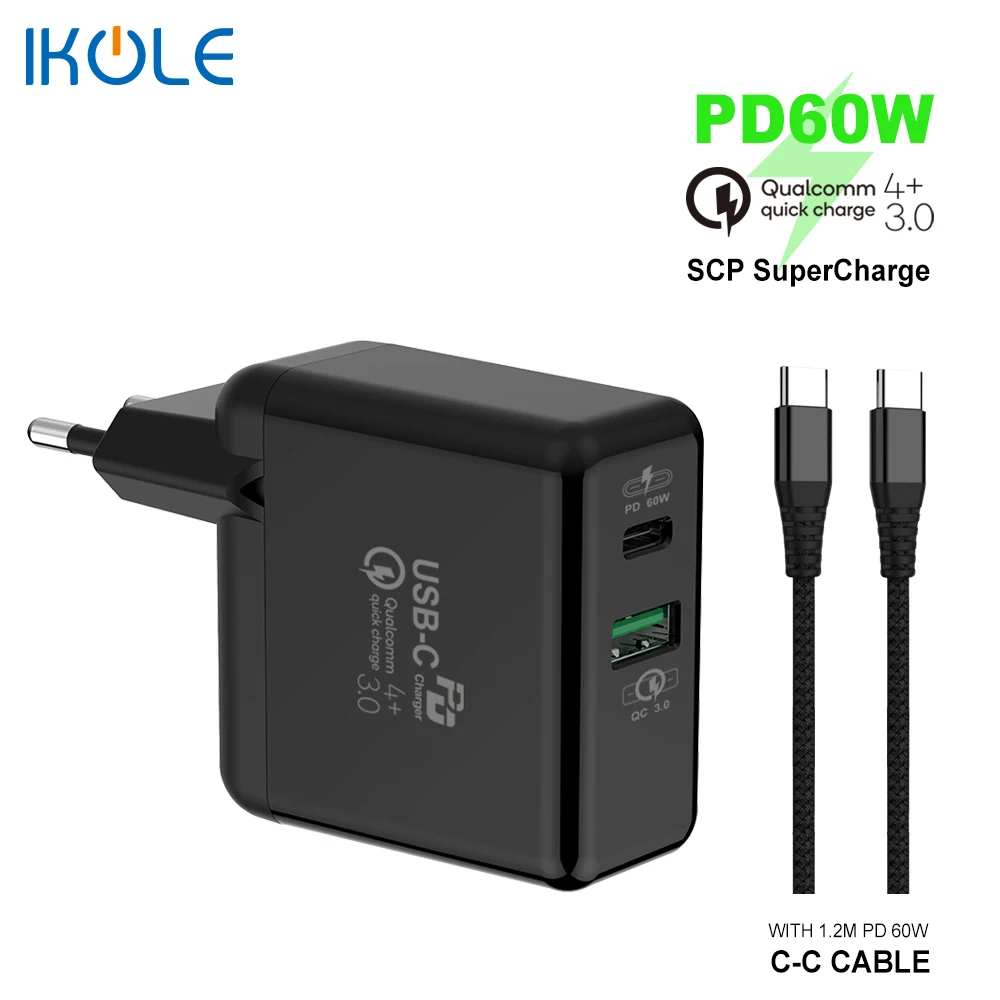 IKOLE PD60W Быстрая зарядка + QC SuperCharge 22 5 W Type C PD3.0 USB зарядное устройство для быстрой
