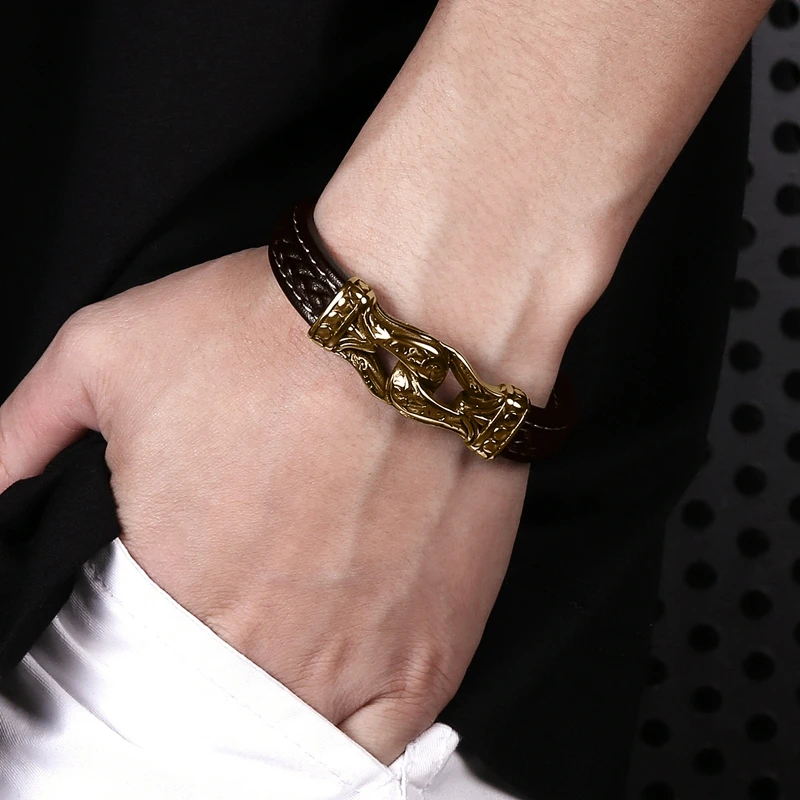 Punk Men Genuine Leather Stainless Steel Handmade Jewelry Leather Bracelet Stainless Steel Bracelet