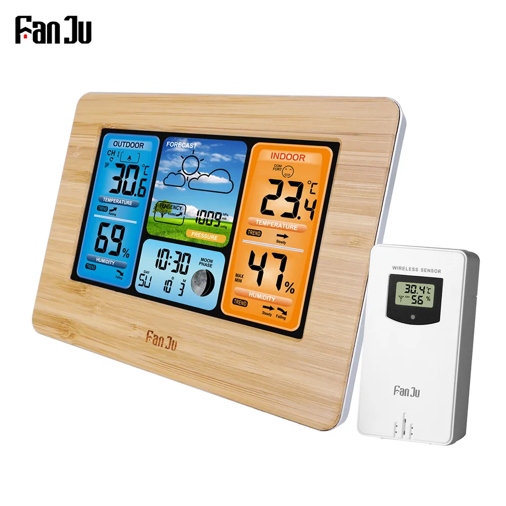 FanJu FJ3373 Wall Desk Alarm Clock Weather Station Digital Thermometer Hygrometer Wireless Sensor Forecast Temperature Watch