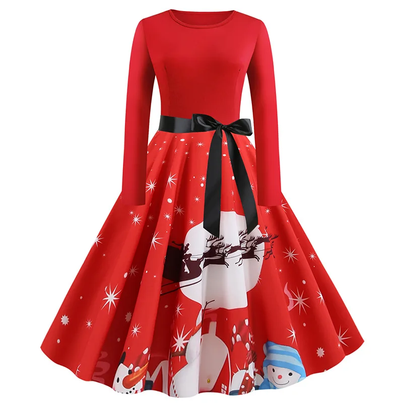 

355 # 3D Photo Shoot Christmas-Hot Selling Retro Hepburn Wind Digital Printing Big Skirt Waist Hugging Long Skirts Dress Women's
