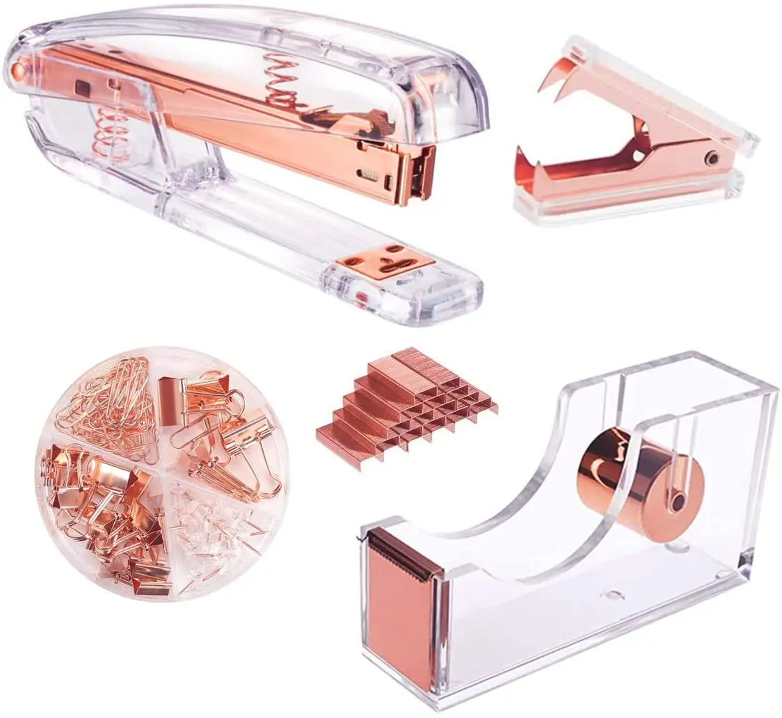 Grapadora de oro rosa, dispensador de grapas, Clips de encuadernación y Clips de papel, suministros de oficina, Accesorios de escritorio