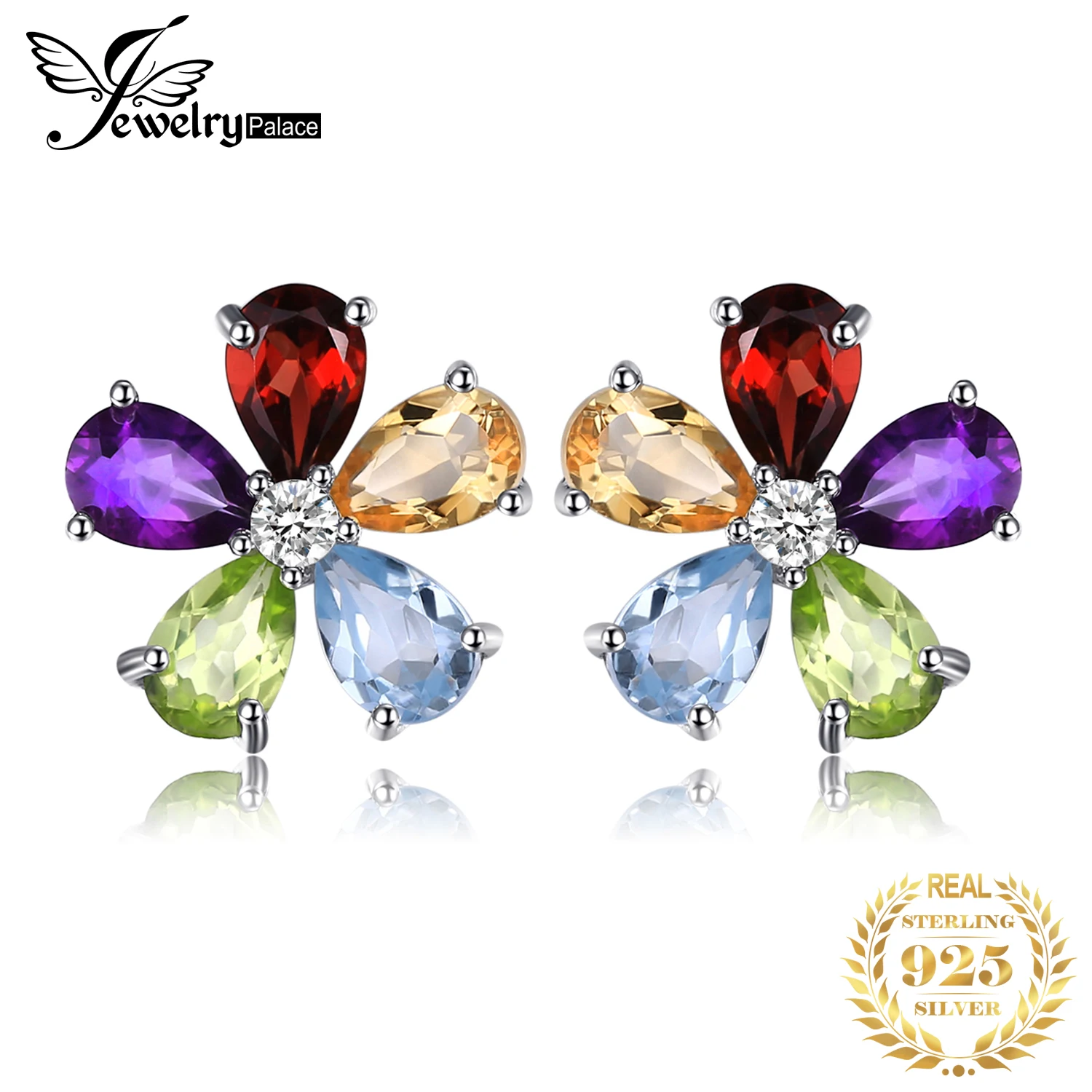 Женские серьги гвоздики с натуральным цитрином перидот и топазом из