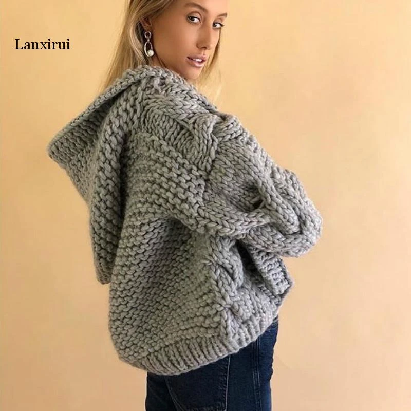 Chaqueta de punto de grueso con capucha para mujer, elegante con flores cruzadas, suéter suelto hecho a mano, lana gruesa, de punto| - AliExpress