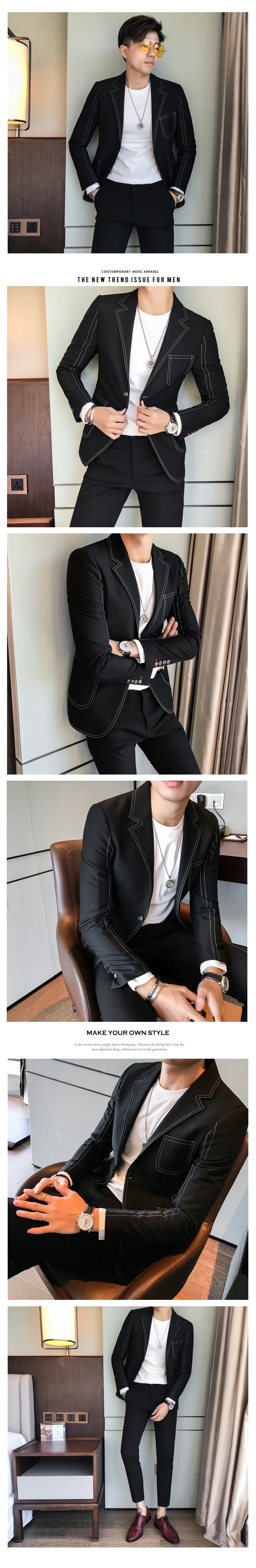 Autumn New Men's Slim Fashion Suit Men's Hair Stylist Korean Version of The Personality Line Trend Business Casual BlazersQX1293
