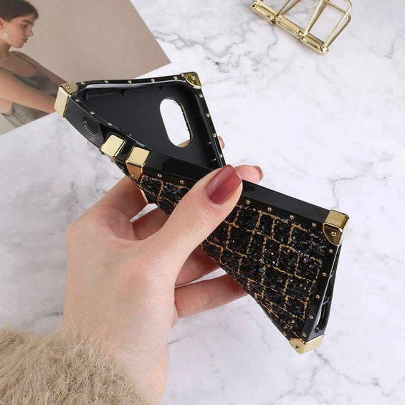 Glitter Metal Square Case for iPhone 8 7 6s Plus X XR XS Max Plaid Shiny Powder For Samsung Galaxy S8 S9 S10 Plus Note 8 9 Cover (3)