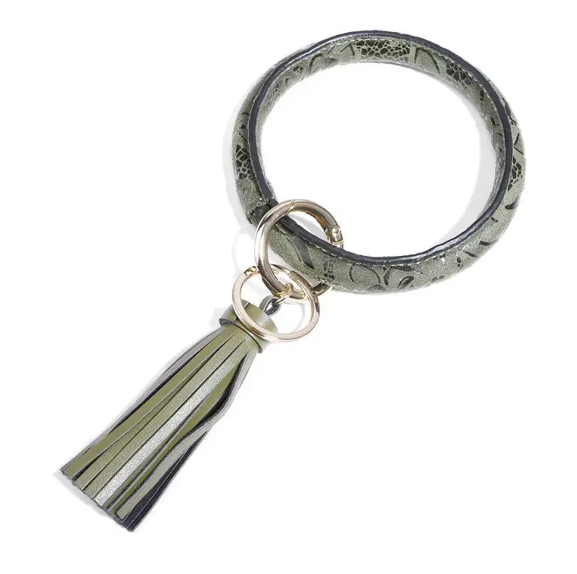 Dark green Ybollar из искусственной кожи, украшение в виде кисточек, большие O круг цепочка для ключей Для женщин с ремешком на руку брелок для ключей для девочек кольцо для ключей ремешок на запястье брелки для ключей с защитой от потери - Цвет: Dark green
