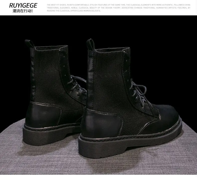 Knitted martin boots lace-up flats mid-calf botas winter women stretch botines fashion thick bottom booties street beat boots 40