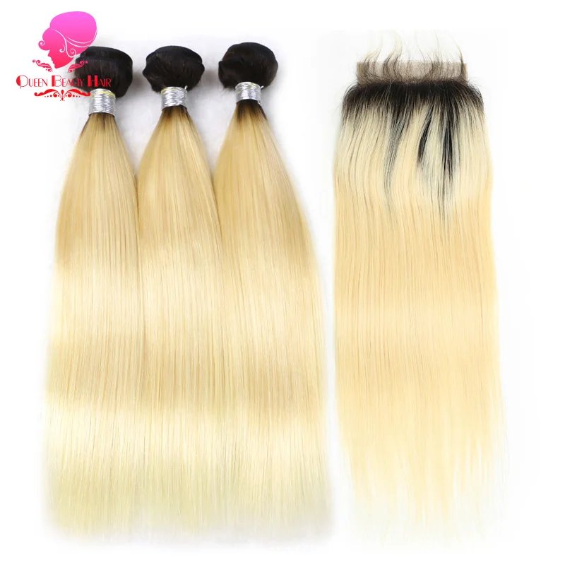 QUEEN BEAUTY 3 Bundles and Closure 2 Tone Dark Roots 1B/613 Ombre Blonde Brazilian Straight Bundles Remy Human Hair with Closure